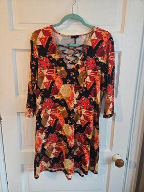 Bebop Boho Geometric Patchwork Lace-Up Mini Dress - Size XL